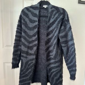 Gray & black long fuzzy cardigan - zebra print